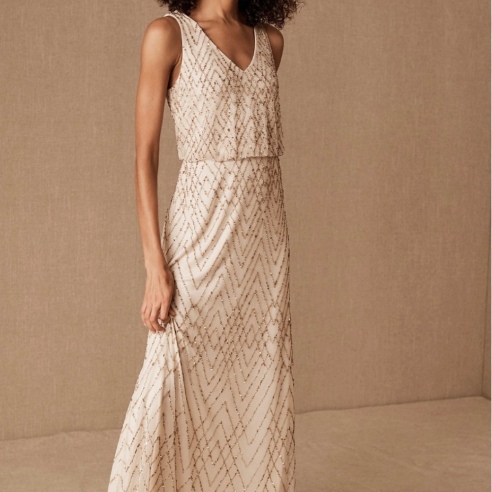 BHLDN Blaise bridesmaid dress champagne gold sequin